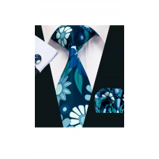 3delige set stropdas manchetknopen pochet tinten blauw en wit Bloemen